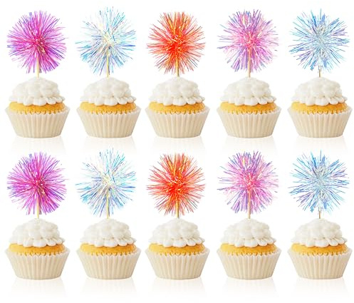 10PCS Foil Firework Cupcake Toppers, Takemay Happy Birthday Cake Toppers, Sparkle Tinsel Flower Drink Stirrers Cocktail Food Fruit Toothpicks for Party Birthday Wedding Ceremony