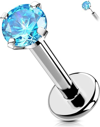 OUFER Body Piercing Titanium Labret Monroe Lip Stud 16G Threadless Tragus Helix Earring Piercing Jewellery 6/8/10/12mm Aqua CZ Push in Labret Lip Bars