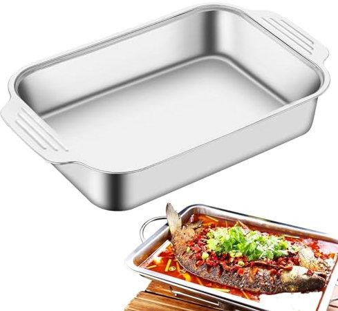 Grillpfanne mit Deckel, Edelstahl flacher Grillgrill - Rechteck Fischgrill mit Deckel | Fischteller Tabletts, Grillschalen mit Griffen, Lebensmittelbehälter für Familienessen, Grill, Camping