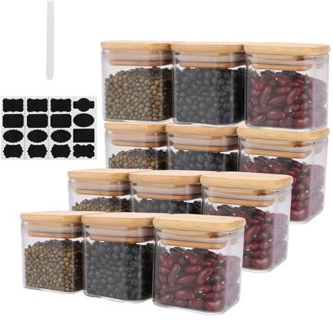 WOPPLXY Lot de 12 Pot a Epices en Verre et Bois, 150ml Bocaux à Épices avec Couvercle Bambou et 24 Etiquettes, Boite Epice Cuisine Carré pour Assaisonnements, Céréales, Cornflakes, Haricots