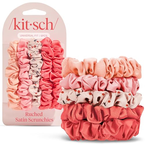 Kitsch Satin Scrunchies for Women - No Crease Hair Ties for Girls | Scrunchies For All Hair Types and Textures, Perfect for Day or Night | Ideal Gifts for Women - Assorted Cherry Blossom, 5pcs