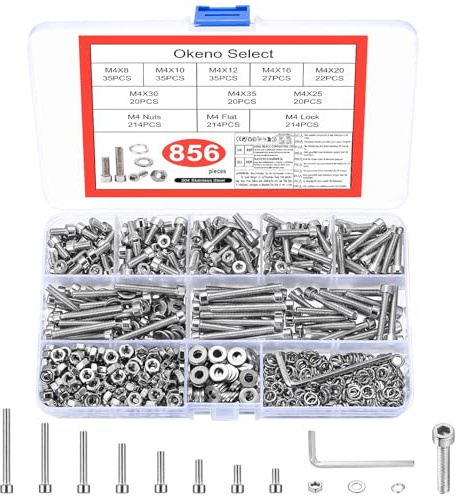 Okeno Select 856 Pcs M4 Screw Assortment Kit, Hex Bolts with Nuts Set, Stainless Steel Machine Screws with Hex Socket Cap Head & Washers for DIY, Furniture, Machinery