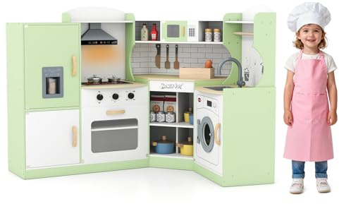 Kids Corner Kitchen Playset, Wooden Play Kitchen with Washing Machine, Range Hood, Ice Maker, Microwave, Oven, Sink, Little Chef Pretend Cooking Toy Set for Toddler (Green)