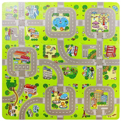Tapis de Puzzle, 9 Carreaux 12 x 12 Tapis de Sol emboîtables en Mousse, Jeu pour Enfants, Jeu éducatif en Mousse pour à Roues ou Voitures Jouets, Sol emboîtables