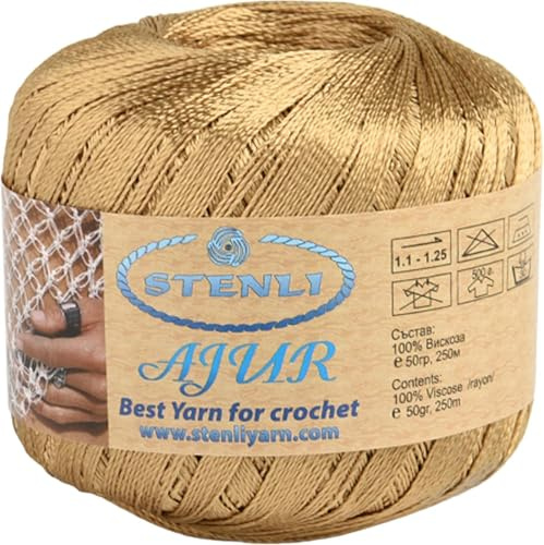 Stenli Hilo de Viscosa Efecto Seda (250m/50g) - Color Oro Viejo - Grosor 1mm para Ganchillo y Bordado - Rayón Brillante para Crochet y Encaje de Bolillos