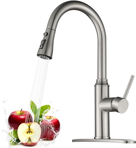 Arofa Kitchen Faucet with Pull Down Sprayer, Brushed Nickel Kitchen Sink Faucet 1-3 Hole Single Handle High Arc Stainless Steel Commercial Modern Kitchen Faucets for RV/Laundry/Outdoor/Bathroom Sink