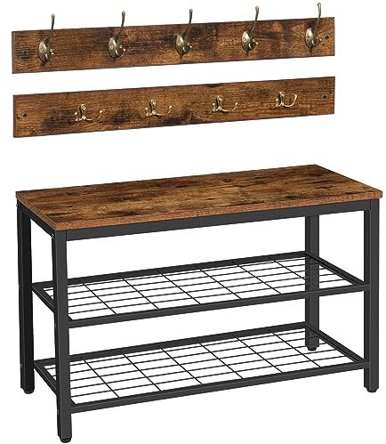 HOOBRO Garderobe Schuhregal Set, Schuhbank mit Sitzfläche, Garderobenständer, Wandgarderobe mit 9 Haken, Flurgarderobe, für Flur, Eingangsbereich, Industrielles, Dunkelbraun-Schwarz EBF07MT01