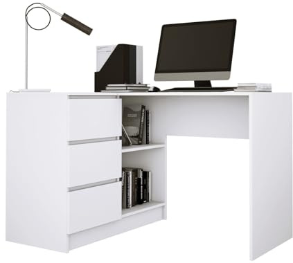 3E 3xE living.com SCRIVANIA LYNNA B16 SINISTRA BIANCA Piccola scrivania ad angolo con tre cassetti, lato sinistro, Dimensioni: Altezza: 77 cm, Larghezza: 124,5/85 cm, Profondità: 45/48,5 cm