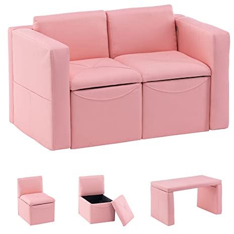 UNICOO –Kids Sofa, 2-in-1 Double Set Sofa Convert to Table & 2 Chairs, Toddler Lounge with Leather Surface, Children Boys Girls Couch Armrest Chair with Storage Box (ZKL-111K-Pink)