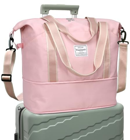 DMLuna Travel Duffel Bag, Tote Sports Gym Bag, Shoulder Overnight Weekender Bag for Women & Men, Hospital Bag, Expandable Duffel Bag with Trolley Sleeve/Wet Pocket, Rose Gold