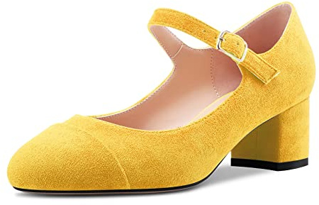 Castamere Femmes Bloc Chunky Mi Talon Heel Rond Bout Mary Jane Escarpins Mariage Bureau Décontracté 5 CM Heels Jaune Suède 42 EU