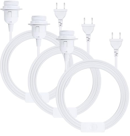 3 x E27 Lampenfassung mit Kabel, 3M Lampenfassung mit Schalter, E27 Fassung mit Kabel für Wohnzimmer Schlafzimmer und Küche, EU Stecker, Weiß