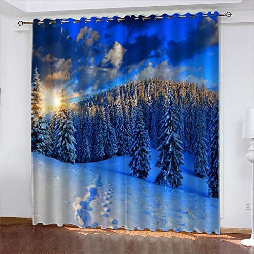 Schlafzimmer Vorhang Polyester Sonnenuntergang Winterwald 3D Stereoskopische Gedruckt Fenster Drapieren 2 Set Home Schlafzimmer Kinderzimmer Junge Mädchen Zimmer Dekoration 150(B) X166(H) cm