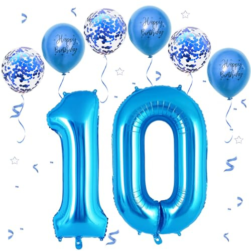 Foil Palloncini Numeri 10 Blu, VUCDXOP 101 CM Palloncino Numero 10, Grande Pallone Numero 10 Numeri Gonfiabili Compleanno Palloncino 10 Anni Festa Compleanno - Vola con l'Elio