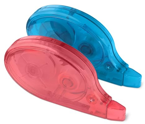 Amazon Basics, Correttore a Nastro, Confezione da 2, a Rullo, Formato Penna, Stile Mouse, Asciugatura Istantanea, Lunghezza 12m, Colori Rosso, Blu