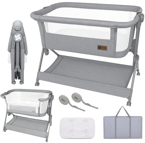 Twinly Comfortly - Cuna Colecho Bebé y Moisés 2 en 1 con Ruedas | Minicuna de Viaje Plegable, Sin Montaje, Altura Ajustable y Función Antireflujo | Incluye Colchón, Sábana Algodón y Bolsa (Gris)