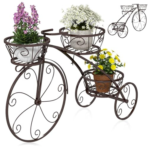 RELAX4LIFE Tricycle Étagère à Plantes en Métal avec 3 Corbeilles de Hauteurs Différentes, Support de Pot de plante Intérieur Extérieur avec 3 Roues pour Jardin Balcon Fleuristes Terasse (Bronze)