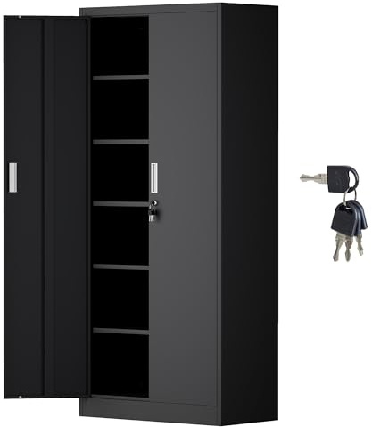 iJINGUR Armoire de Rangement en métal avec Portes verrouillables et 5 étagères réglables, Armoire de Rangement verrouillable pour la Maison, Le Bureau, Le Garage (Noir, 180H cm)