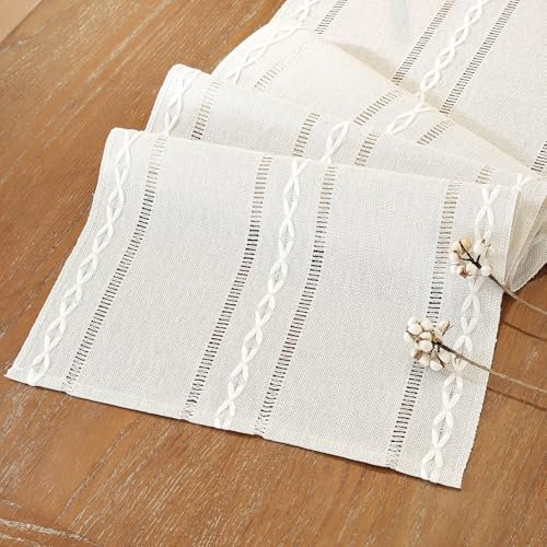 Baumwoll Leinen Tischläufer Bauernhaus Landhausstil 33x183 Boho Creme Beige Tisch Läufer Rechteckige Modern Outdoor Tischdecke Dekoration für Küche Partys, Esszimmer Hochzeit Tabletop Dekor