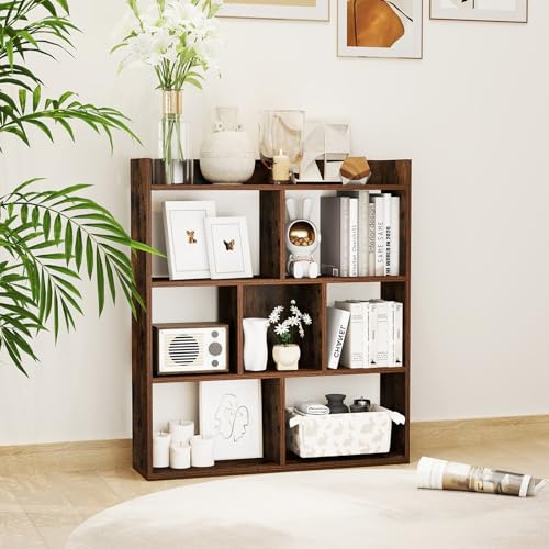 GIANTEX Librería Geométrica con 7 Cubos, Estantería de Almacenamiento de Madera, 80 x 20 x 90 cm, con Kit Antivuelco, Estante de Suelo para Salón, Estudio, Dormitorio (Marrón)