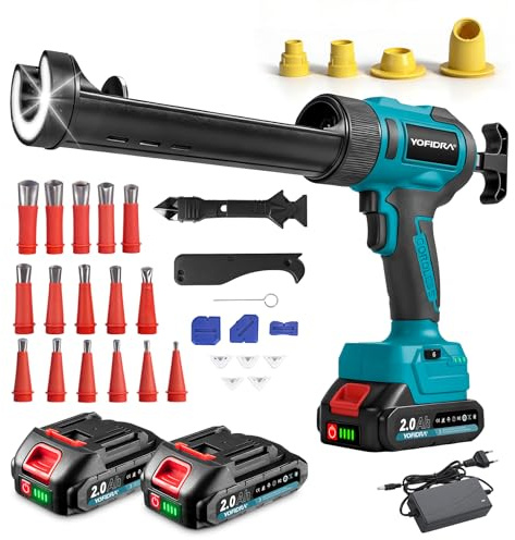 Yofidra Pistola Silicone a Batteria - Pistola per Silicone Senza Fili con 2 Batterie da 2,0 Ah, 6 Velocità, 16 Ugelli, Spatola per Silicone Kit, Display Digitale, per Cartucce da 300 ml