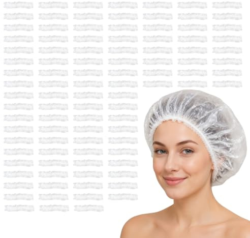 Bonnet de Douche Jetable 100 Pièces, Élastique Large en Plastique Transparent Épais, Calotte de Protection pour Cheveux, Usage Domestique, Voyage, Hôtel, Salon de Coiffure