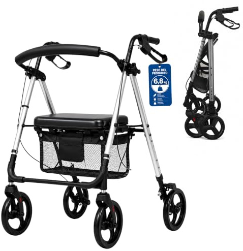 Andador para Ancianos con Asiento MA05 ALUMINIO 136KG,SUPER LIGERO(6,8KG), MARCA ESPAÑOLA -DOBLE REGULARIZACION EN ASIENTO Y EMPUÑADURA, PLEGABLE, RUEDAS 8 PULGADAS, ALUMINIO, COLOR GRIS