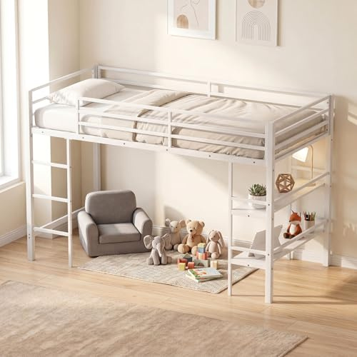 COSTWAY Kids Loft Bed, Metal Single Size Low Loft Bed (White)