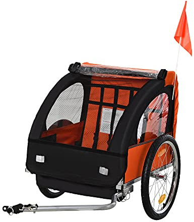 HOMCOM 2 Seat Bike Trailer Bicycle wagon for Kids Child Steel Frame Safety Harness Seat Carrier Orange Black 130 x 76 x 88 cm