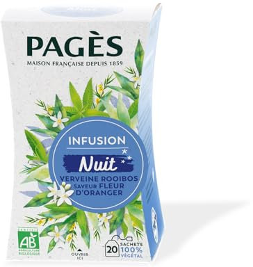 Pagès - Infusion BIO Nuit - Verveine, Rooibos, Saveur Fleur d'Oranger - Recette Douce et Apaisante - Boîte de 20 Sachets, 100% Végétal