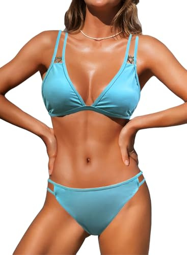 NLAND Maillot de Bain Femme 2 Pieces Ensembles Bikini avec Réglable Halter Bikini Triangle Top Taille Basse Bas de Maillot String Swimwear Beachwear(Bleu,XL)