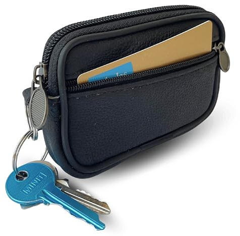 Petit Porte-Monnaie en Cuir Véritable pour Homme avec Double Fermeture Éclair de Sécurité, de Voyage avec Rondelle pour Clés et Ruban en Cuir pour la Ceinture