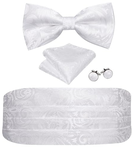 Barry.Wang kummerbund fluga set för män, silke kummerbund förbunden fluga ficka fyrkantiga manschettknappar, Vit blomma, en storlek