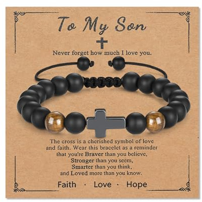 Toplstud To My Son Gift for Boys - Cross Bracelets for Son Grandson - Black Beaded Rope Bracelets for Teen Boys - Birthday Christmas Religious Jewellery Present for Son
