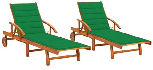 Homgoday Tumbonas con Cojines 2 Unidades Madera Maciza de Acacia Tumbona de Playa,tumbonas Jardin Exterior,Sillón de Relajante,Tumbona Jardin 2 tumbonas Verde