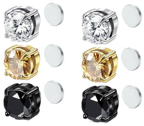 3 Paare 6mm Edelstahl Magnet Ohrringe Herren Damen Männer Mädchen CZ Kristall Strass Rund Magnet Ohrstecker Clips Tunnel Ohrclips Ohne Ohrloch Non Piercing Ohrringe Set Zirkonia Schwarz Silber Gold