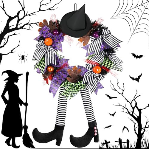 RDDAIPE 35cm Decoración de Corona de Halloween, Corona de Bruja de Halloween, Corona de Bruja con pies y Sombrero de Bruja y Calabaza, Corona de Halloween, Decoración Puerta Halloween para Casa