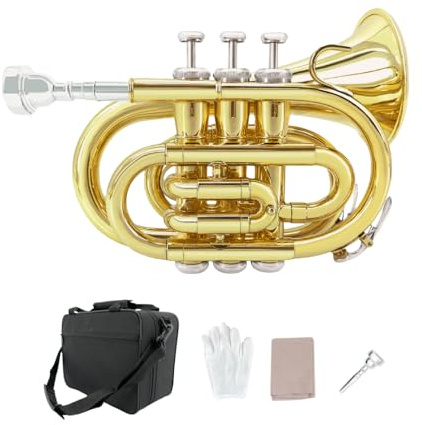 WUQIMUSC Messing Pocket Trompete Bb Schlüssel vernickelt mit Mundstück 7C, Reinigungsset, Tragetasche, Handschuhe für Anfänger/Studenten (Golden)