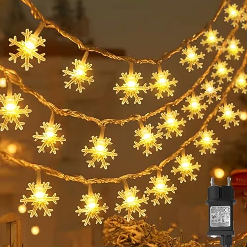cshare Lichterkette Schneeflocke Außen, 15M 100LED Schneeflocke Lichterketten mit Stecker 8 Modi Timer IP44 Wasserdicht Lichterkette für Weihnachten Garten Innen Außen Dekorationen,Warmweiß