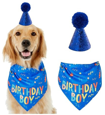 2-teiliges Hunde Halstuch,Geburtstagshut für kleine und Mittelgroße Hund,Hundegeburtstags,Bandana,Party-Kopfbedeckung,Perfekte Dekoration,Geschenke für Hundegeburtstage,Hundebekleidung & Zubehör(Blau)