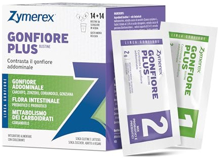 Zymerex GONFIORE PLUS | 14+14 bustine | Gonfiore addominale | Probiotici e prebiotici | Equilibrio flora intestinale | Metabolismo carboidrati | Senza glutine, lattosio e zuccheri | Adatto vegetariani