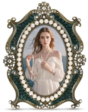 Essovee Vintage Picture Frames 4x6,Metal Vintage Photo Frame, Oval Photo Frame with Crystal and Pearl Decoration,HD Glass, Suitable for Elegant Home Decor Memory Keepsake Display Gift,Green