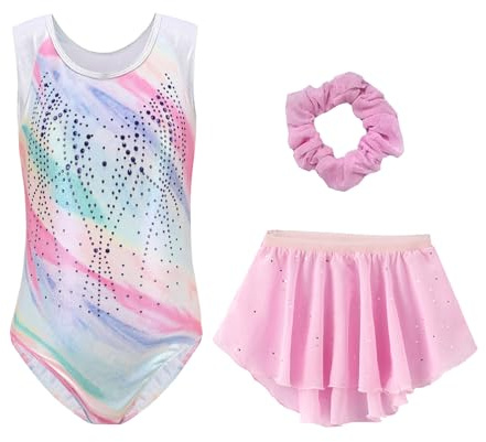 Justaucorps de gymnastique 3 pièces pour fille - Sans manches - Strass brillants - Combinaison avec jupe amovible, rose, 11-12 ans