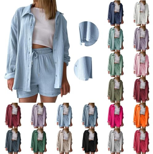 Womens Cotton 2 Piece Outfits Lounge Sets Oversized Button Down Shirts Shorts Pajama Set Tracksuit Vacation Outfits