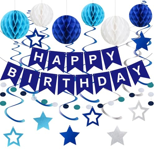 V-Kitpater Birthday Decorations, Happy Birthday Banner with Honeycomb Balls, Stars Hanging Swirl Streamers, Circle Dots Garland, Happy Birthday Party Decorations for Women Men Boys Girls (Blue)