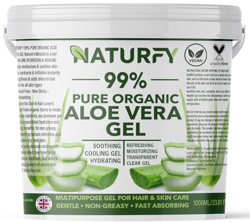 NATURFY 100% Pure Aloe Vera Gel Made From Freshly Cut Aloe for Face, Hair & Body Suitable For All Skin & Hair Types Organic Soothing Moisturiser For After Sun Care Acne Vegan & Cruelty-Free 1kg
