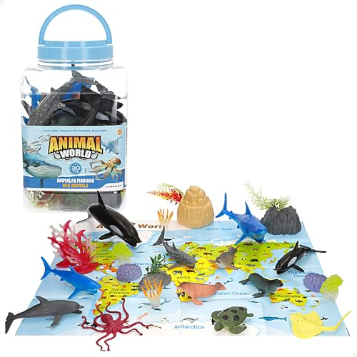ColorBaby Animal World - Cubo Animales Marinos, 30 Piezas, Tapete Mapa en inglés, Figuras realistas Animales del océano, Juego simbólico, Set Educativo, Diversión, Aprendizaje + 3 años (39322)