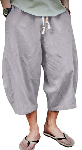 EKLENTSON Mens 3/4 Length Shorts Summer Cotton Linen Shorts | three quarter length,below knee,lightweight,elastic waist,loose fit,capri pants,baggy long shorts,beach,casual