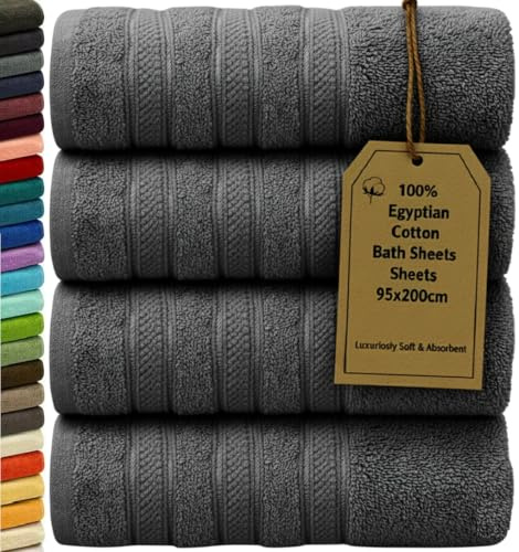 Pack of 2 & 4 Extra Large Jumbo Bath Sheets 600 GSM (95 cm X 200 cm) 100% Egyptian Cotton Super Soft, Body Wrap Quick-Dry High Absorbent Hotel Quality Luxury XXL Bath Towel (4, Charcoal Grey)