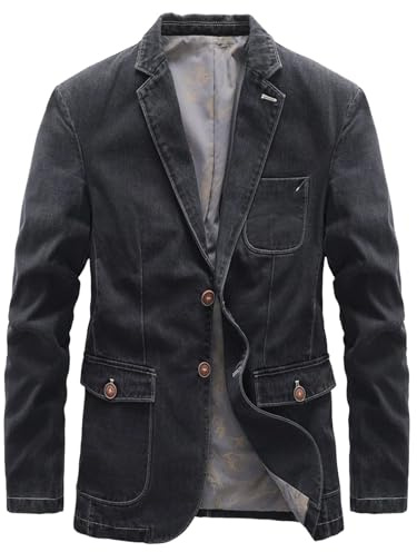 Giacca da uomo con risvolto tacca stile vintage giacca blazer giacca sportiva cappotto due bottoni casual giacca di jeans, Nero , L
